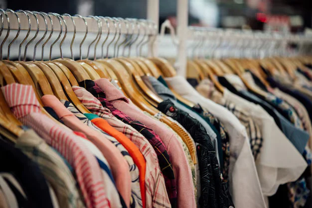 Racks of clothing in a fast-fashion store